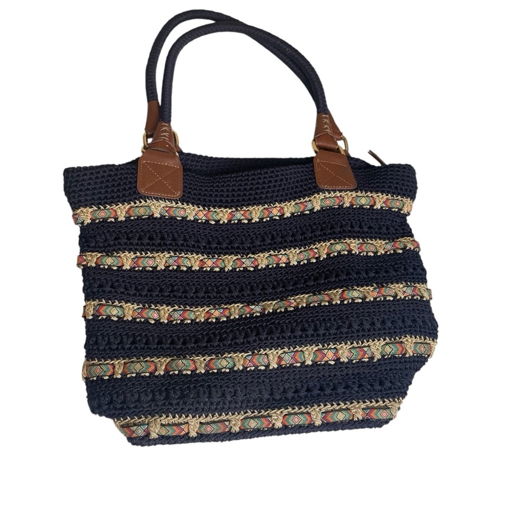 The Sak Cambria Crocheted Large Double Strap Zip Top Tote Navy Woven Ribbon EUC